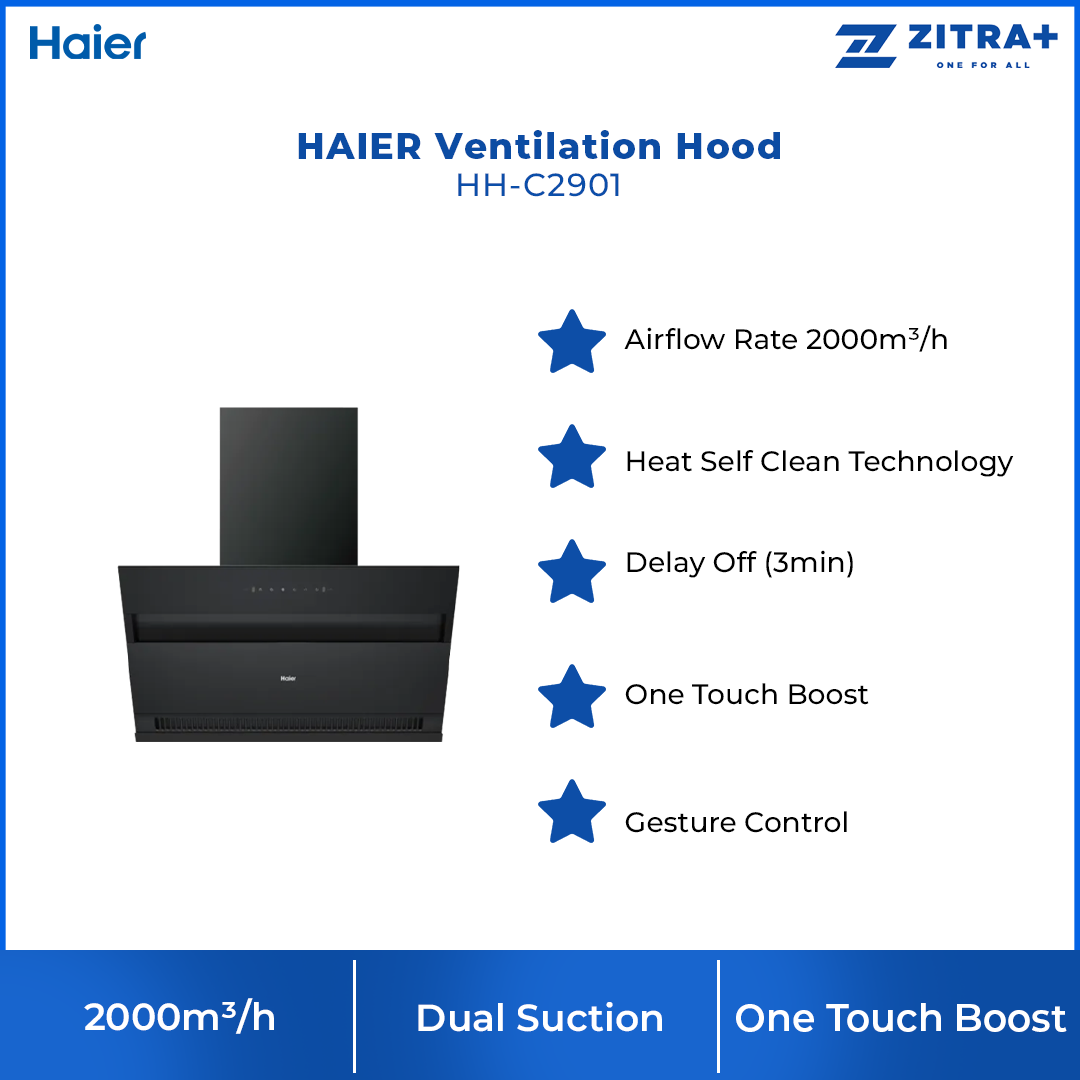 HAIER 2000m³/h Ventilation Hood HH-C2901 | Delay Off (3min) | One Touch Boost | Gesture Control | Dual Suction