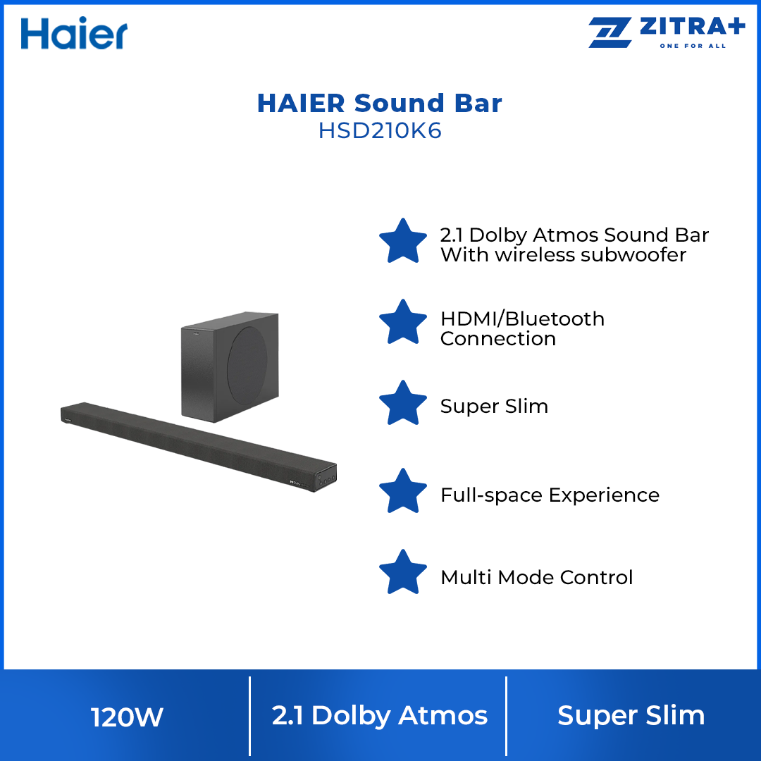 HAIER 120W Sound Bar HSD210K6 | 2.1 Dolby Atmos | HDMI/Bluetooth Connection | Super Slim | Multi Mode Control