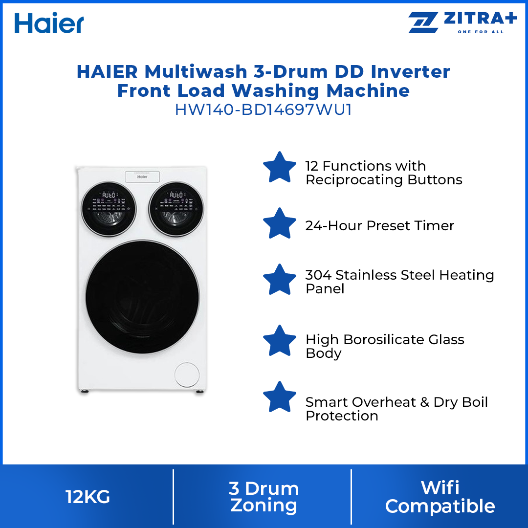 HAIER 12KG Multiwash 3-Drum DD Inverter Front Load Washing Machine HW140-BD14697WU1 |Direct Drive Inverter| Wifi Compatible