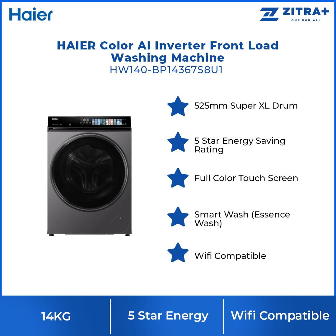 HAIER 14KG Color AI Inverter Front Load Washing Machine HW140-BP14367S8U1 | Wifi Control | Smart Wash |  5 Star Energy Saving Rating