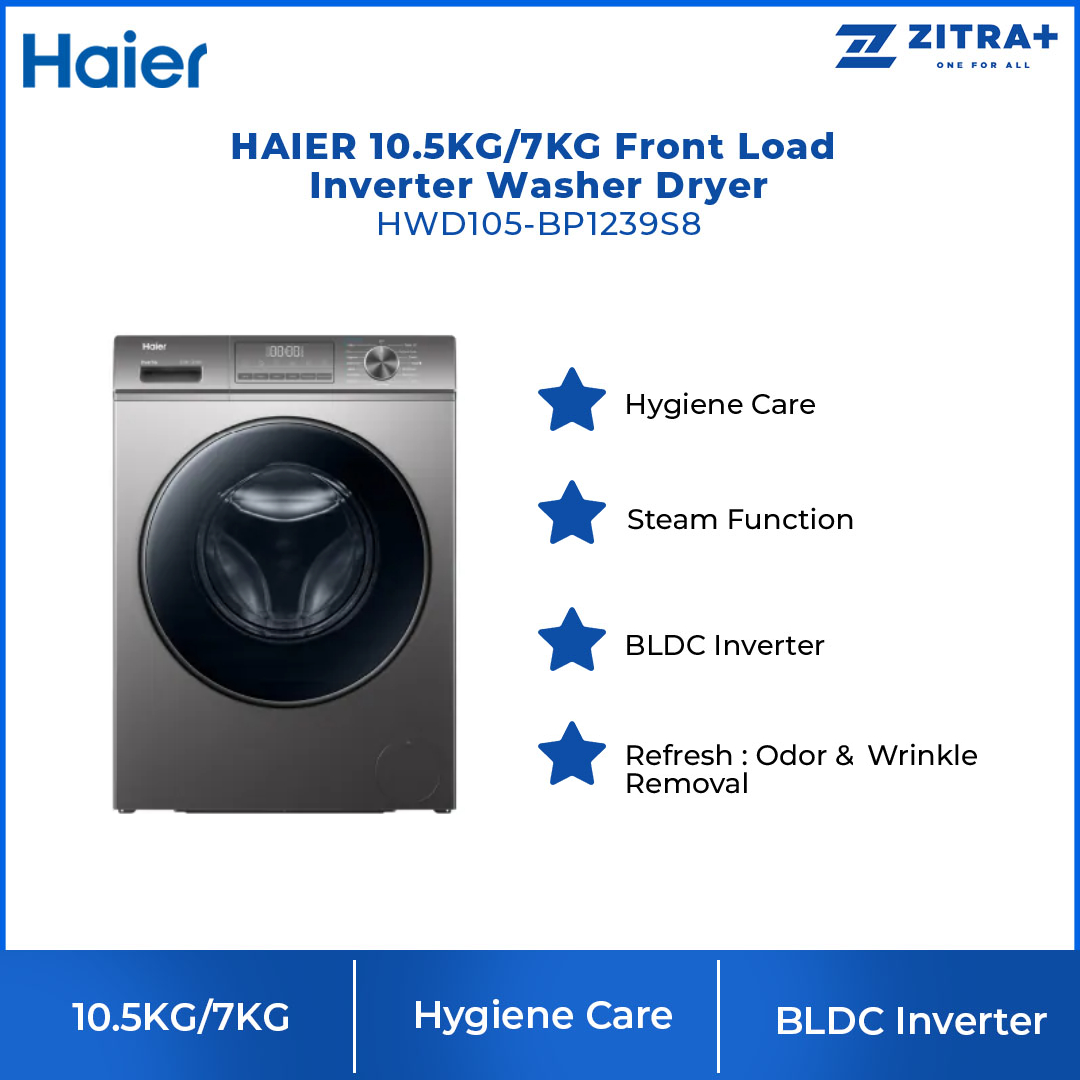 HAIER 10.5KG/7KG Front Load Inverter Washer Dryer HWD105-BP1239S8 | Super Inverter |  Hygiene Care |  I-Refresh | Washer Dryer with 2 Year Warranty