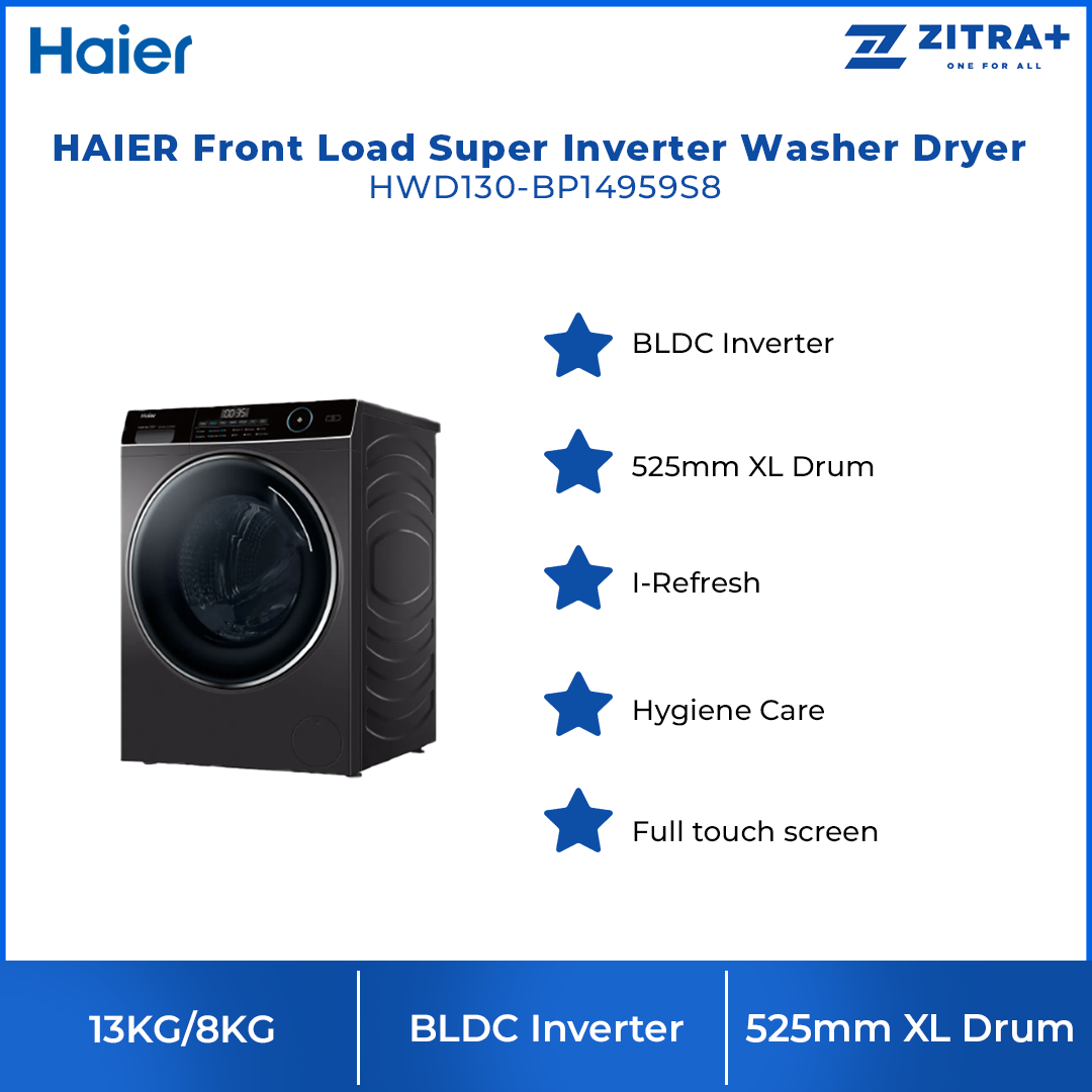 HAIER 13KG/8KG Front Load Super Inverter Washer Dryer HWD130-BP14959S8 | BLDC Inverter | 525mm XL Drum | I-Refresh