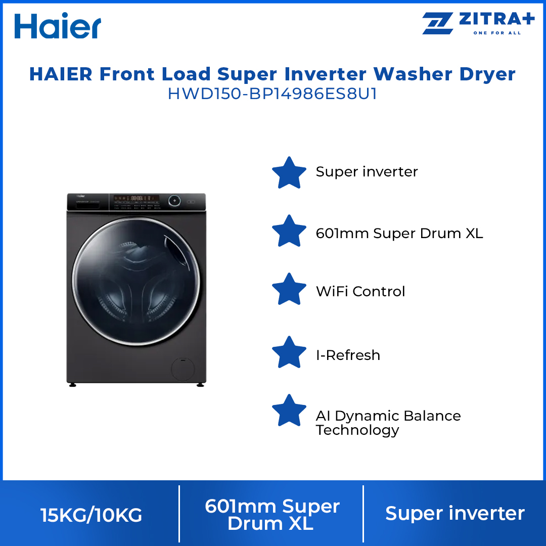 HAIER 15KG/10KG Front Load Super Inverter Washer Dryer HWD150-BP14986ES8U1 | Super inverter | I-Refresh
