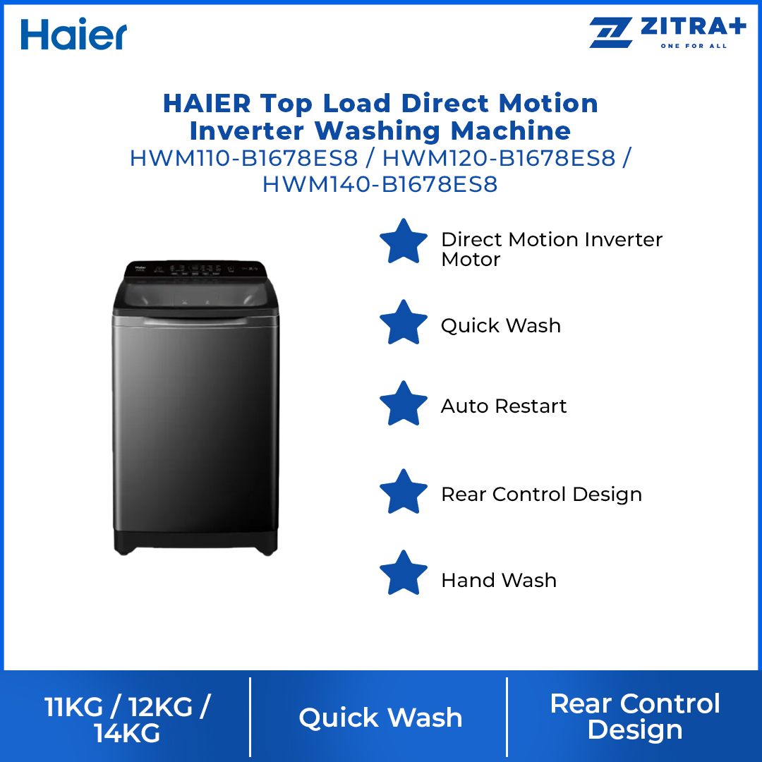 HAIER 11/12/14KG Top Load Direct Motion Inverter Washing Machine HWM120/HWM140-B1678ES8 | Direct Motion Inverter Motor | Quick Wash