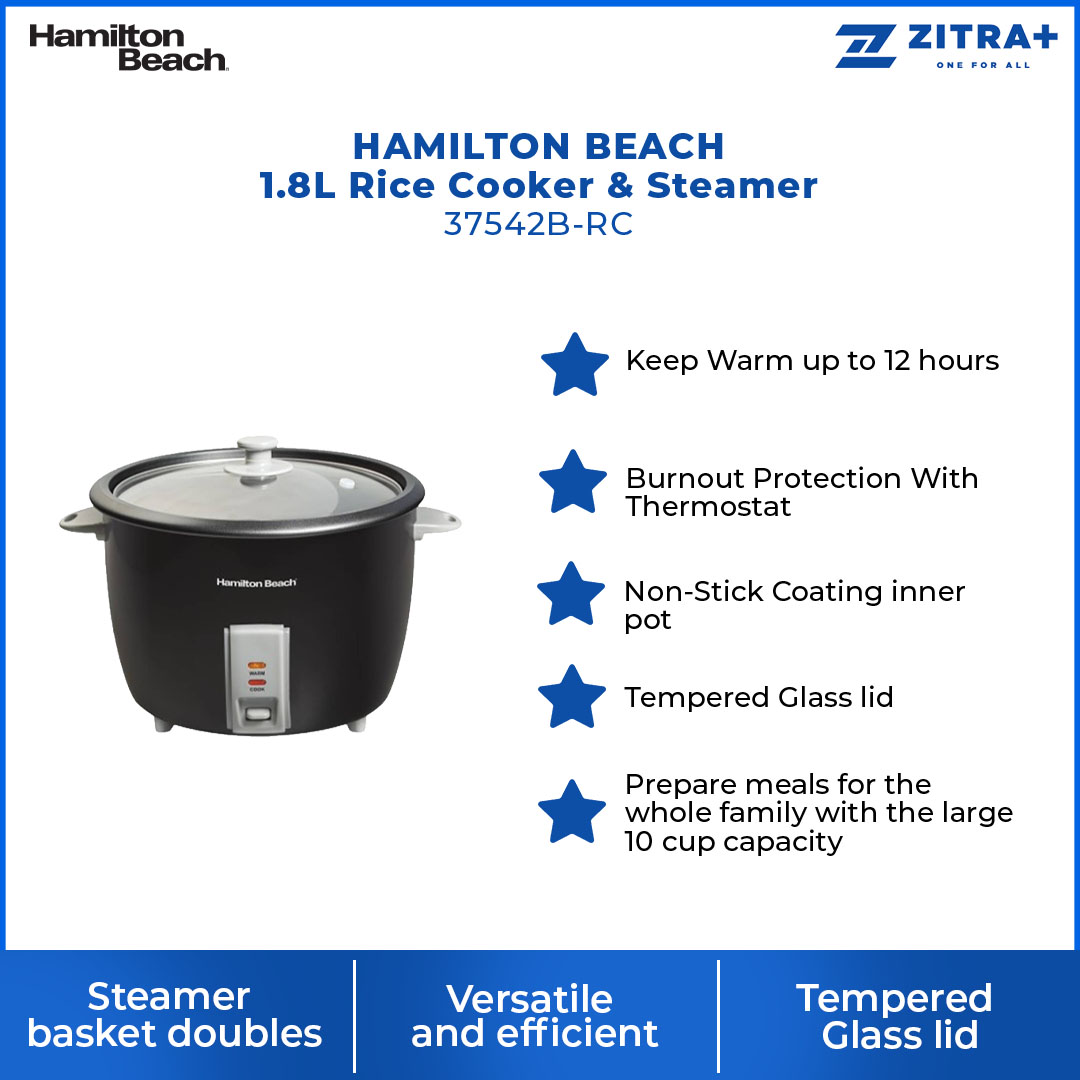 HAMILTON BEACH 1.8L Rice Cooker & Steamer 37542B-RC | Non-Stick Coating Inner Pot | Keep Warm up to 12 hours | Burnout Protection With Thermostat | Rice Cooker with  2 Years Warranty