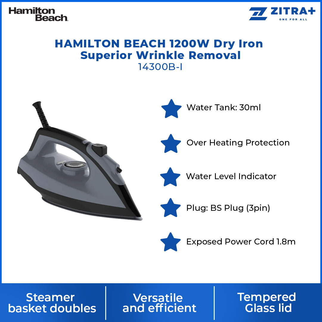HAMILTON BEACH 1200W Dry Iron Superior Wrinkle Removal 14300B-I | Dry/spray | 360° Rotating Cord | Over Heating Protection | Non-stick soleplate | Iron with 2 Years Warranty