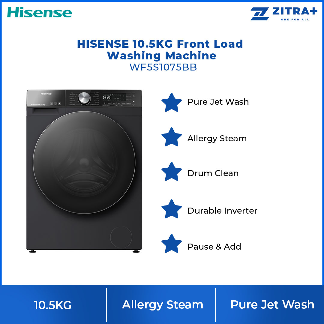 HISENSE 10.5KG Front Load Washing Machine WF5S1075BB | Active Hygiene | Remove 99.99% Bacteria | Sterile Rubber Seal | Washing Machine with 1 Year Warranty