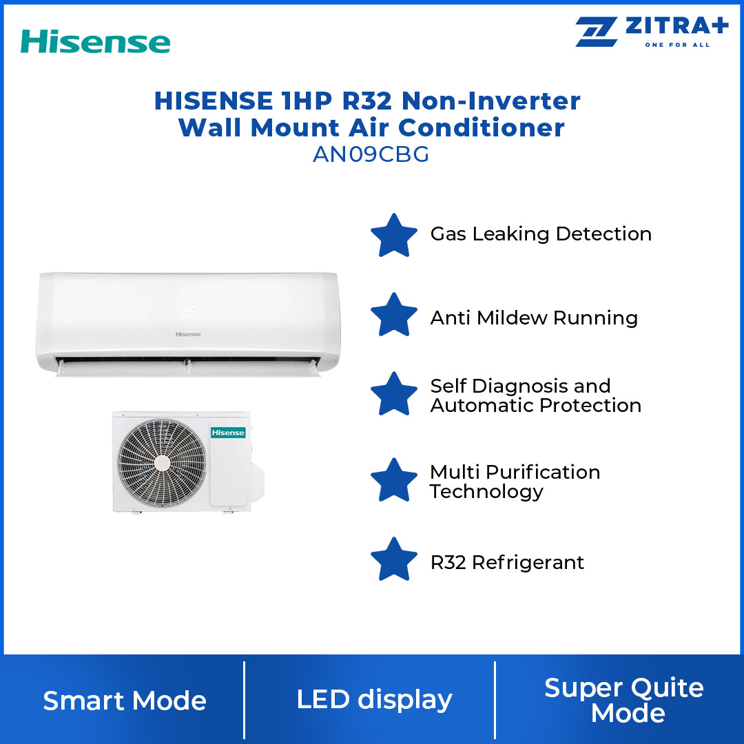 HISENSE 1HP R32 Non-Inverter Wall Mount Air Conditioner AN09CBG | LED display | Super Quite Mode | Gas Leaking Detection | Smart Mode - Auto run | Air Conditioner with 2 Years Warranty