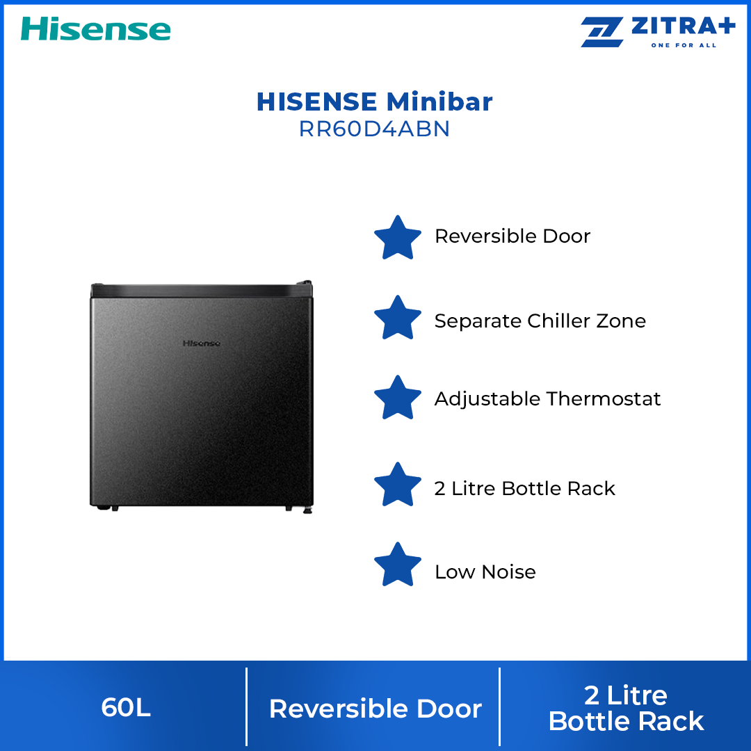 HISENSE 60L Minibar RR60D4ABN Single Door Fridge Mini Bar Refrigerator | Reversible Door | Separate Chiller Zone | Adjustable Thermostat