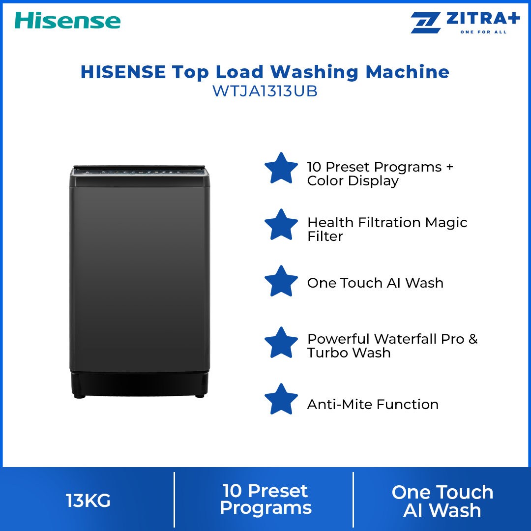 HISENSE 13KG Top Load Washing Machine Premium WTJA1313UB | One Touch AI Wash | 10 Preset Programs | Turbo Wash