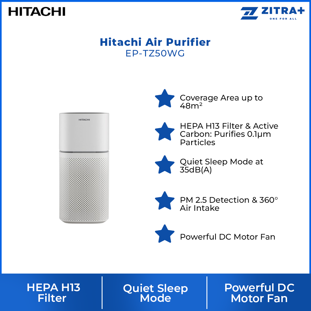 Hitachi Air Purifier EP-TZ50WG | Coverage Area up to 48m² | HEPA H13 Filter | Powerful DC Motor Fan | Smart Control