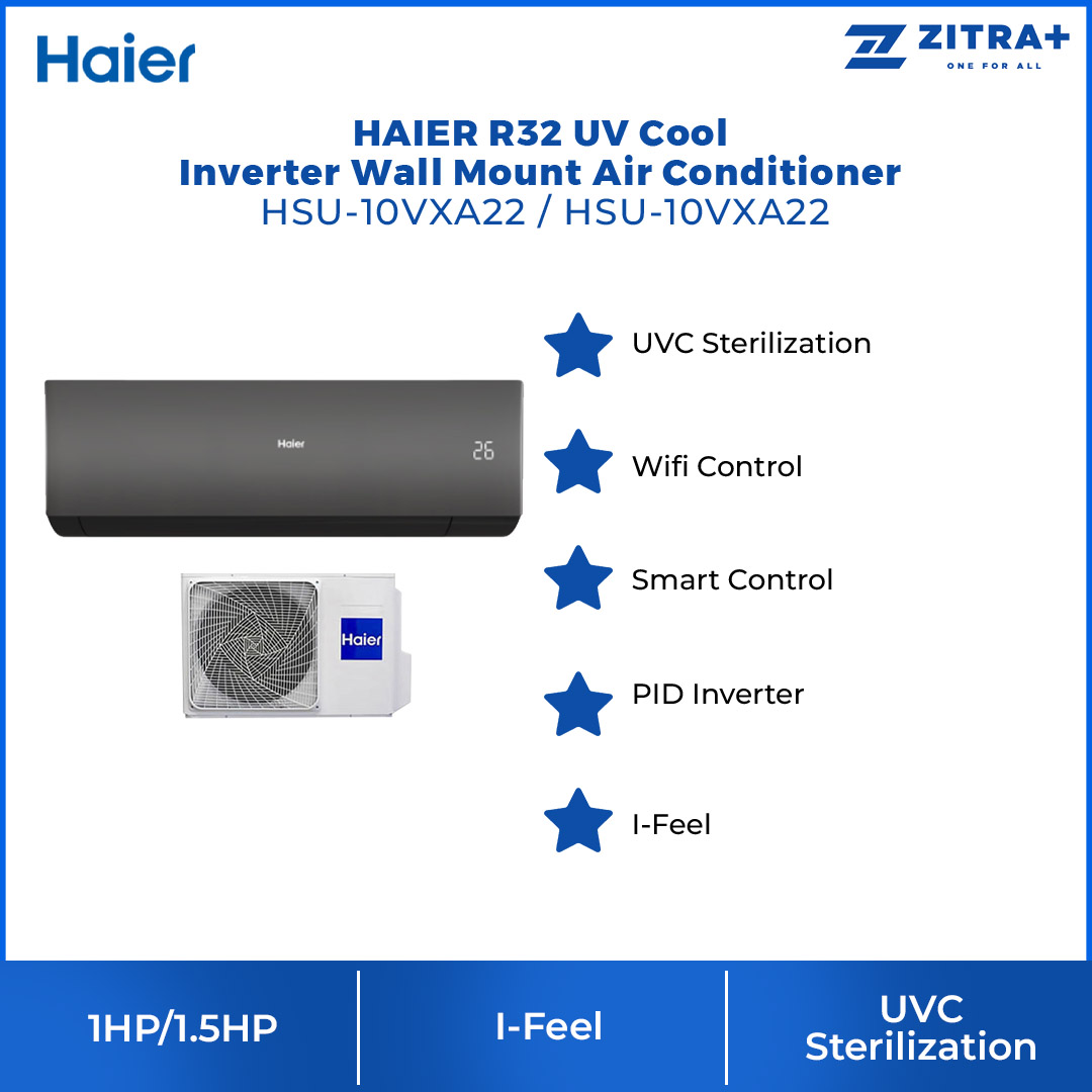 HAIER 1HP / 1.5HP R32 UV Cool Inverter Wall Mount Air Conditioner HSU-10VXA22 / HSU-10VXA22 | UVC Sterilization | WiFi Control | Smart Clean | Air Conditioner with 3 Year Warranty