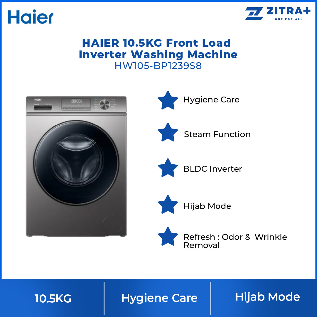 HAIER 10.5KG Front Load Inverter Washing Machine HW105-BP1239S8 | Super Inverter  | Hygiene Care | Refresh | Washing Machine with 2 Year Warranty• Hygiene Care • Flat Panel Design • BLDC Inverter • Hijab Mode