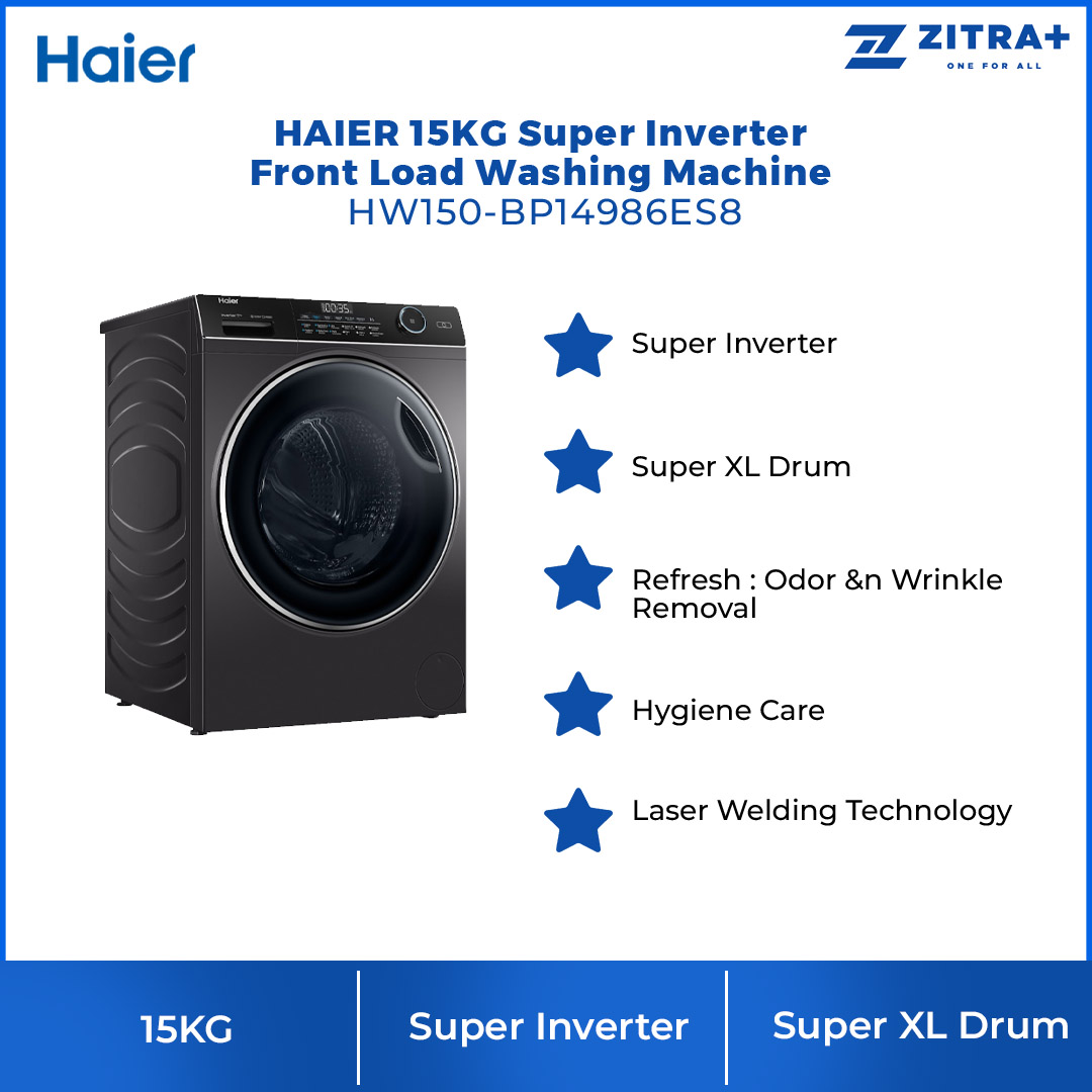 HAIER 15KG Super Inverter Front Load Washing Machine HW150-BP14986ES8 | Super XL Drum | Laser Welding Technology | Steam Wash