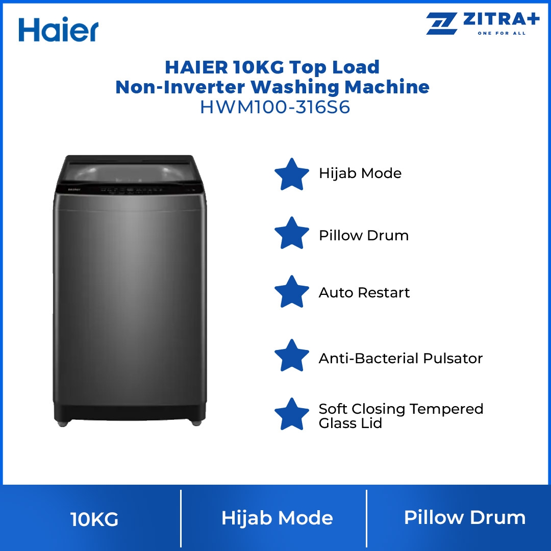 HAIER 10KG Top Load Non-Inverter Washing Machine Starry Silver HWM100-316S6 | Auto Restart | Anti-Bacterial Pulsator | Pillow Drum | Hijab Mode | Washing Machine with 2 Years Warranty