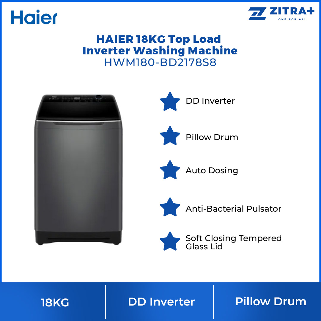 HAIER 18KG Top Load Inverter Washing Machine Graphite Silver HWM180-BD2178S8 |  DD Inverter | Pillow Drum | Auto Dosing | Washing Machine with 2 Years Warranty