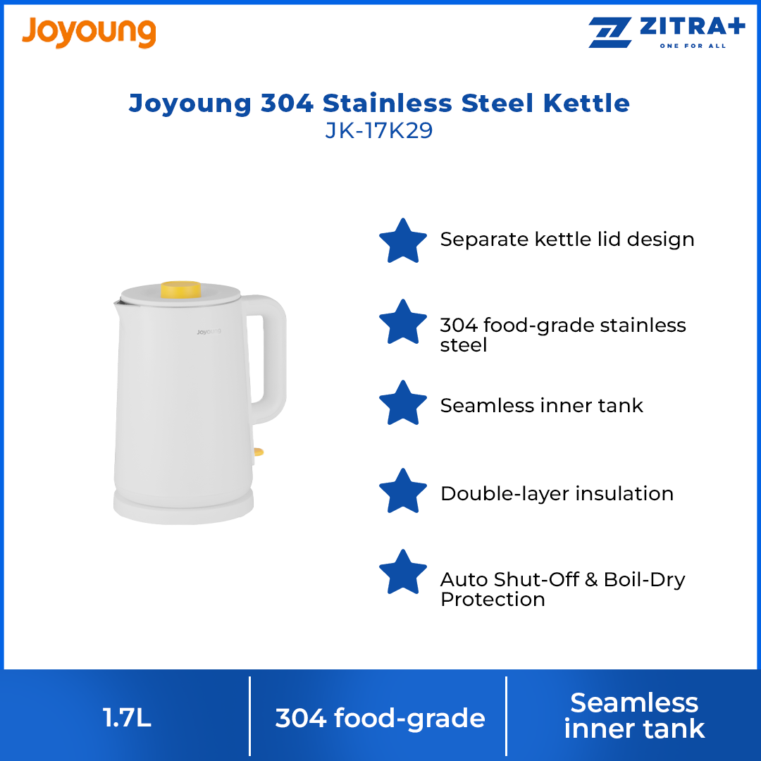 Joyoung 1.7L 304 Stainless Steel Kettle JK-17K29 | Fast Boil | Heat Protection | Easy Clean Design