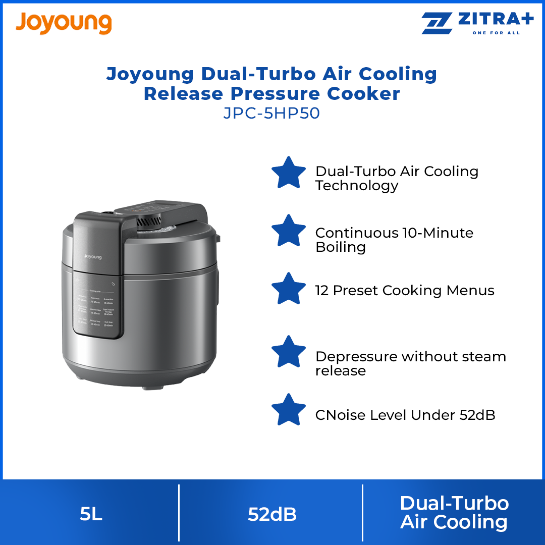 Joyoung 5L Dual-Turbo Air Cooling Release Pressure Cooker JPC-5HP50 | Quiet Operation | 12 Preset Cooking Menus | 3 Texture Settings