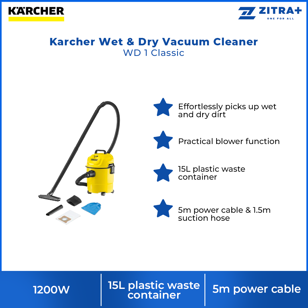 Karcher 1200W Wet & Dry Vacuum Cleaner Yellow | WD 1 Classic| Suitable for numerous uses | 15L plastic waste container | Practical blower function