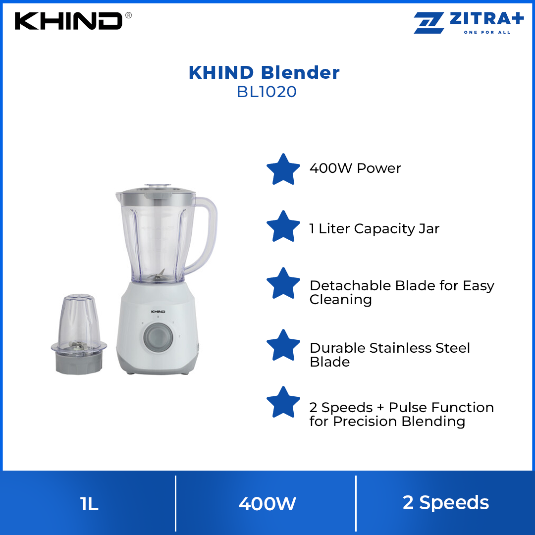 KHIND 1L Blender BL1020 | Detachable Blade for Easy Cleaning | Durable Stainless Steel Blade | 400W Power