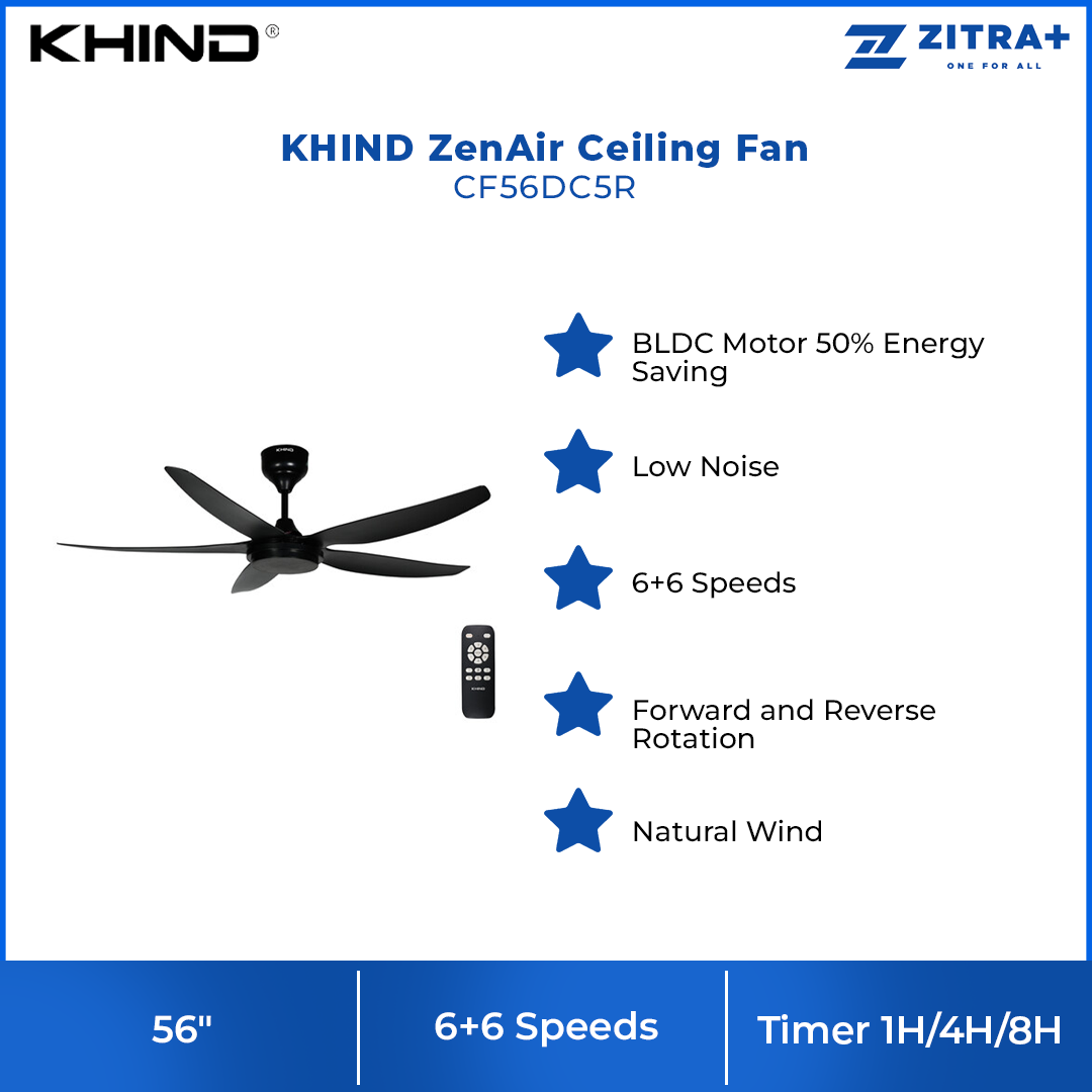 KHIND 56" ZenAir Ceiling Fan CF56DC5R | BLDC Motor 50% Energy Saving | Low Noise | 6+6 Speeds | Natural Wind