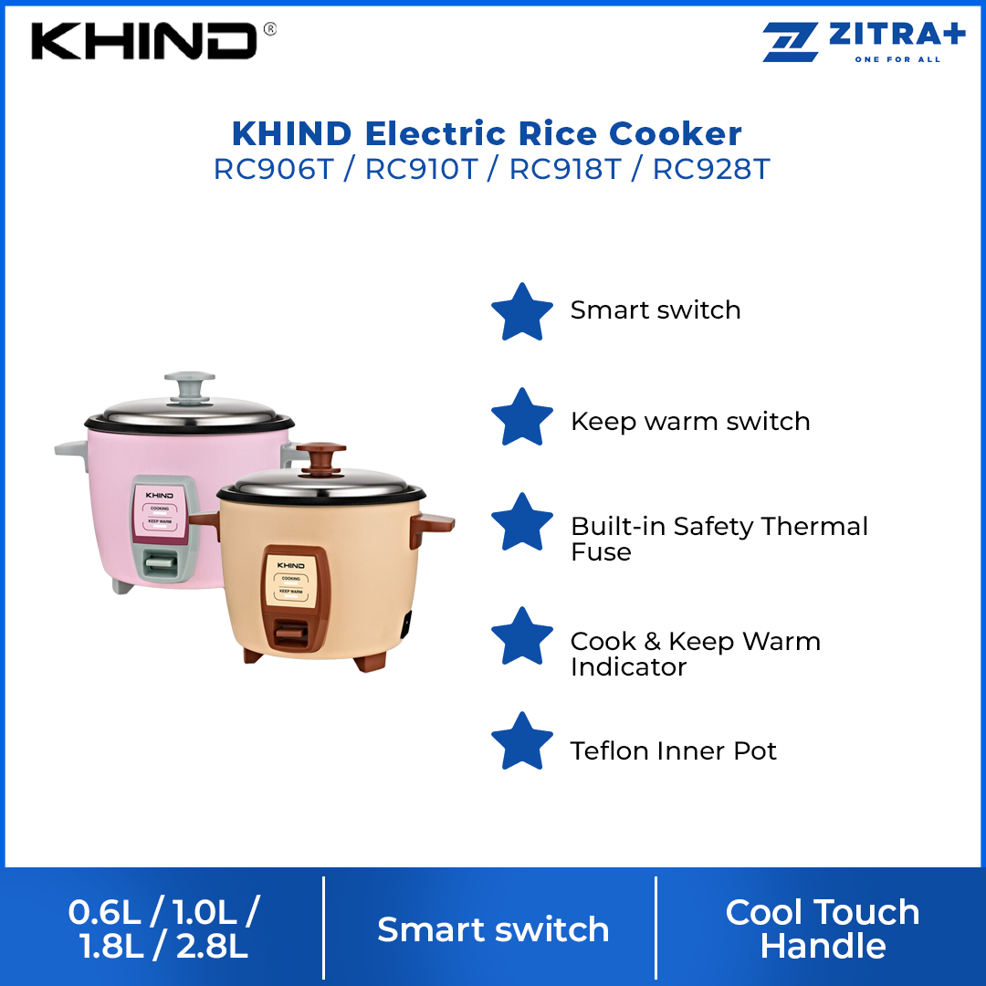 KHIND 0.6L / 1.0L / 1.8L / 2.8L Electric Rice Cooker RC906T / RC910T / RC918T / RC928T | Smart switch | Keep warm switch | Cool Touch Handle