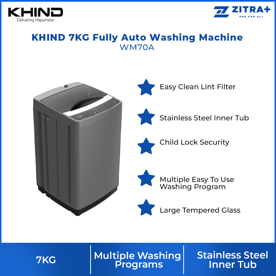 KHIND 7KG Fully Auto Washing Machine WM70A |  Easy Clean Lint Filter | Stainless Steel Inner Tub | Child Lock Security | 2  Year General Warranty   3  Year Panel Warranty  5 Year Motor Warranty