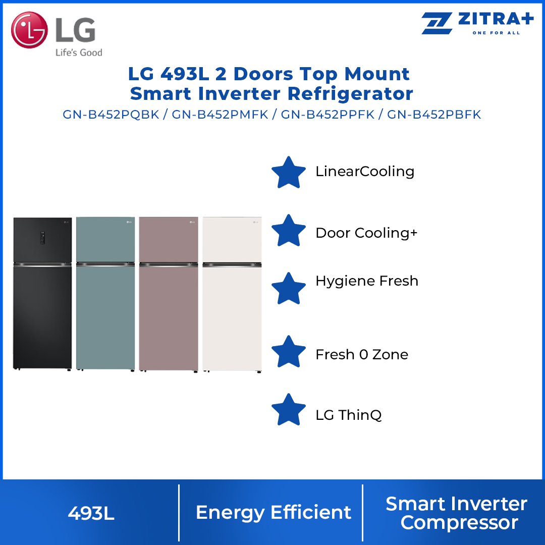 LG 493L 2 Doors Top Mount Smart Inverter Refrigerator GN-B452PBFK / GN-B452PPFK / GN-B452PMFK / GN-B452PQBK | Smart Inverter Compressor | Multi Air Flow | Door Cooling+ | 1 Year General Warranty & 10 Year Motor Warranty