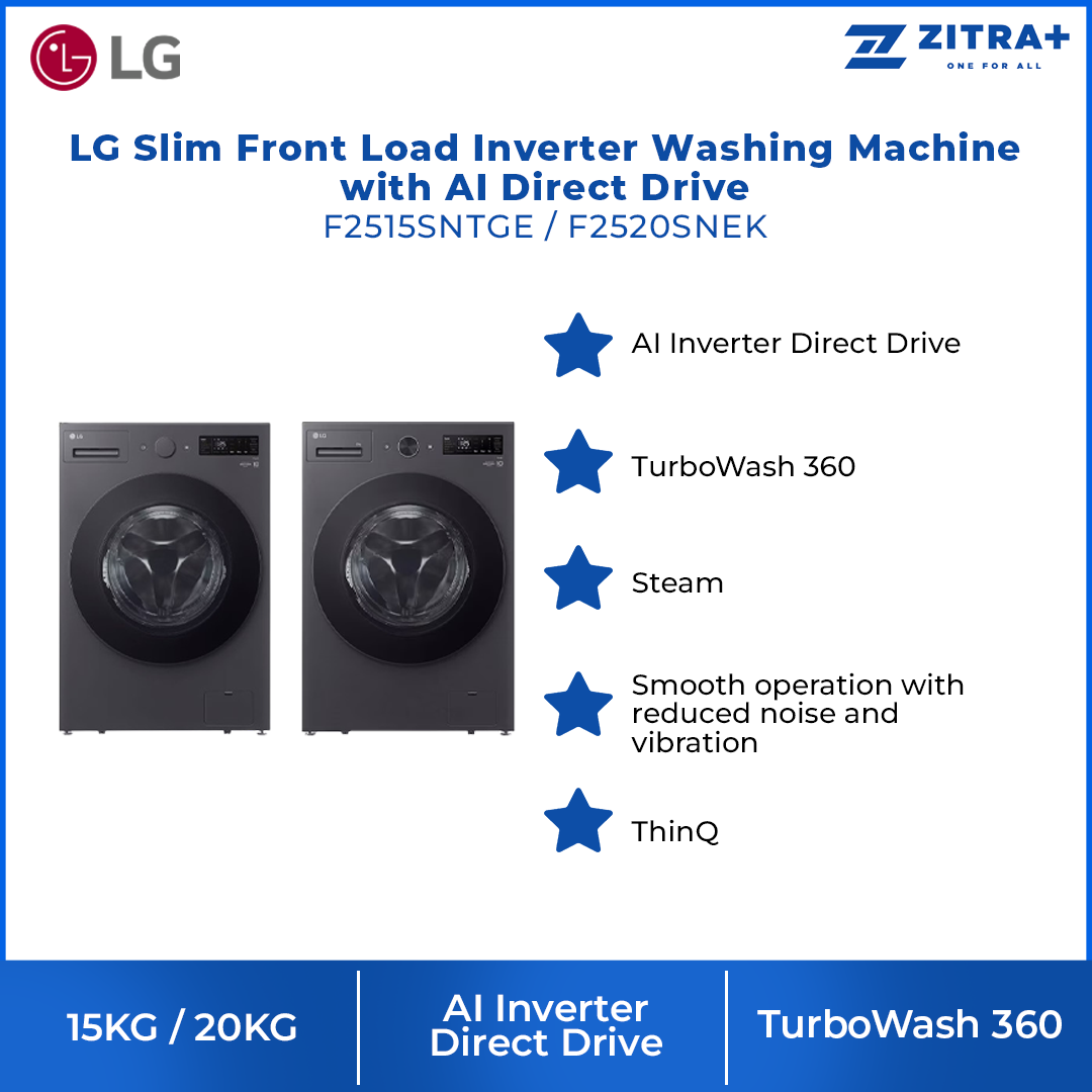 LG 15KG/20KG Slim Front Load Inverter Washing Machine with AI Direct Drive F2515SNTGE/F2520SNEK | AI Inverter Direct Drive | TurboWash 360 | Steam