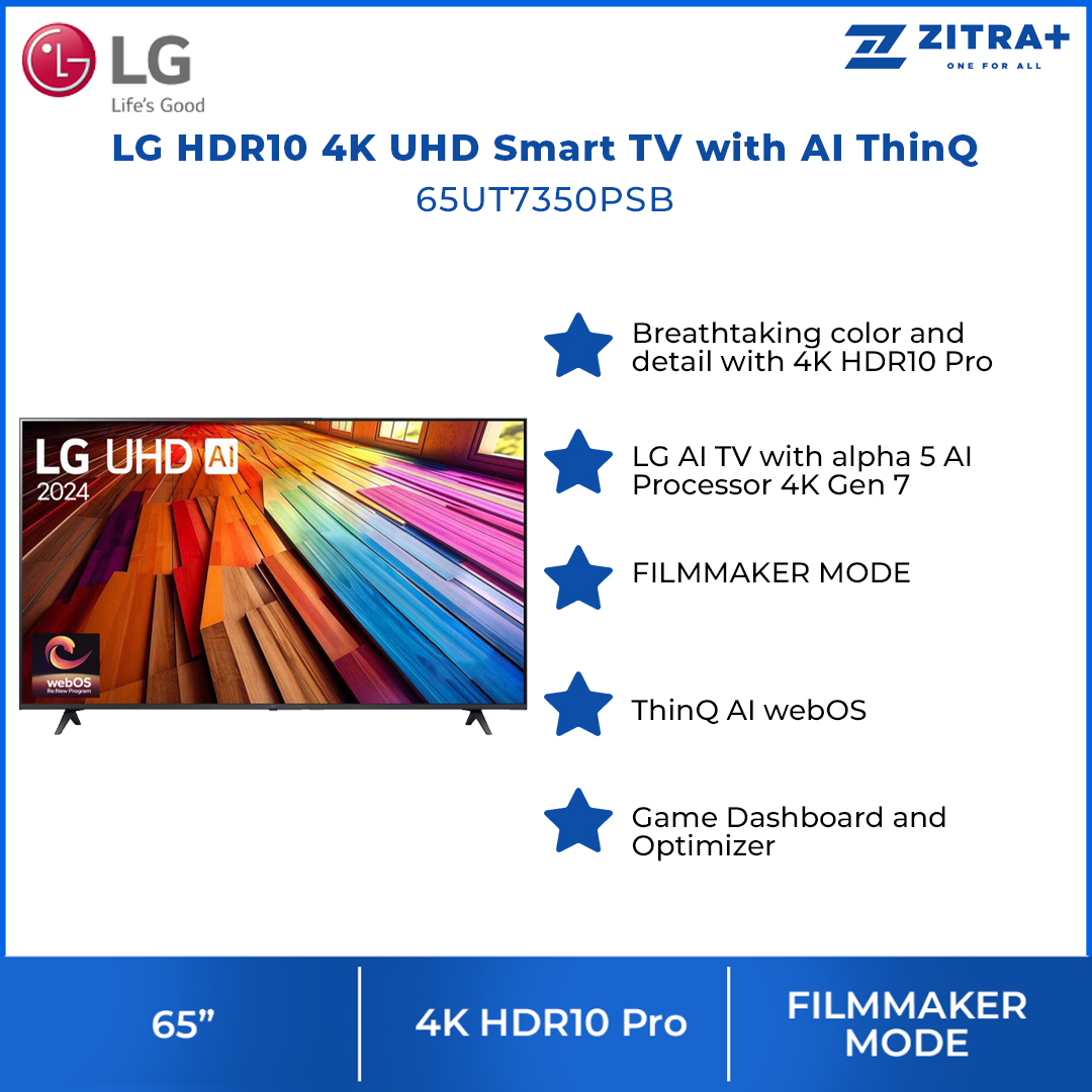 LG 65" HDR10 4K UHD Smart TV with AI ThinQ 65UT7350PSB | 4K HDR10 Pro | AI ThinQ | Filmmaker Mode