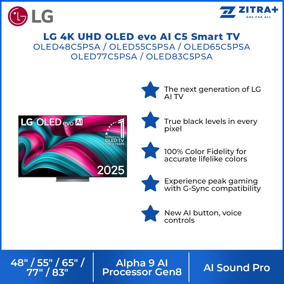 LG 48"/55"/65"/77"/83" 4K UHD OLED evo AI C5 Smart TV OLED48C5PSA|OLED55C5PSA|OLED65C5PSA|OLED77C5PSA|OLED83C5PSA | AI Processor 4K Gen8 | Dolby Vision / HDR10 / HLG
