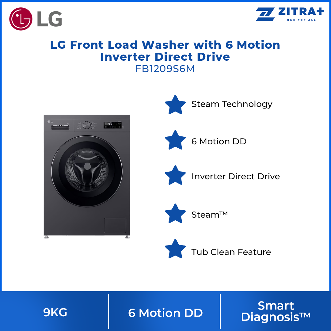 LG 9KG Front Load Washer with 6 Motion Inverter Direct Drive  FB1209S6M | Steam Technology | Tub Clean Washing Drum Cleaning Feature | Smart Diagnosis