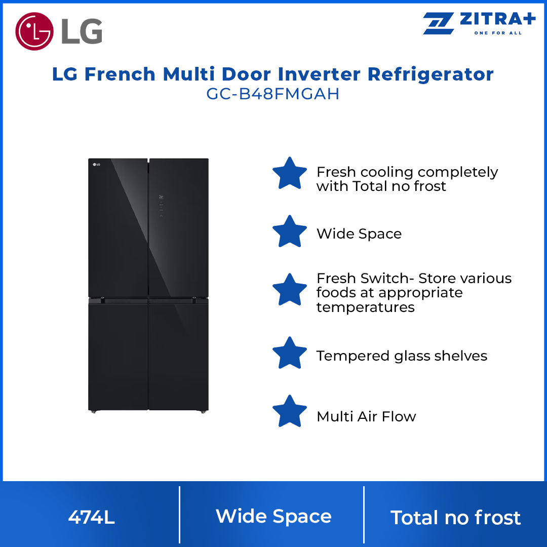 LG 474L French Multi Door Inverter Refrigerator GC-B48FMGAH | Fresh cooling | No Frost | Wide Space | Multi Air Flow | Tempered glass shelves