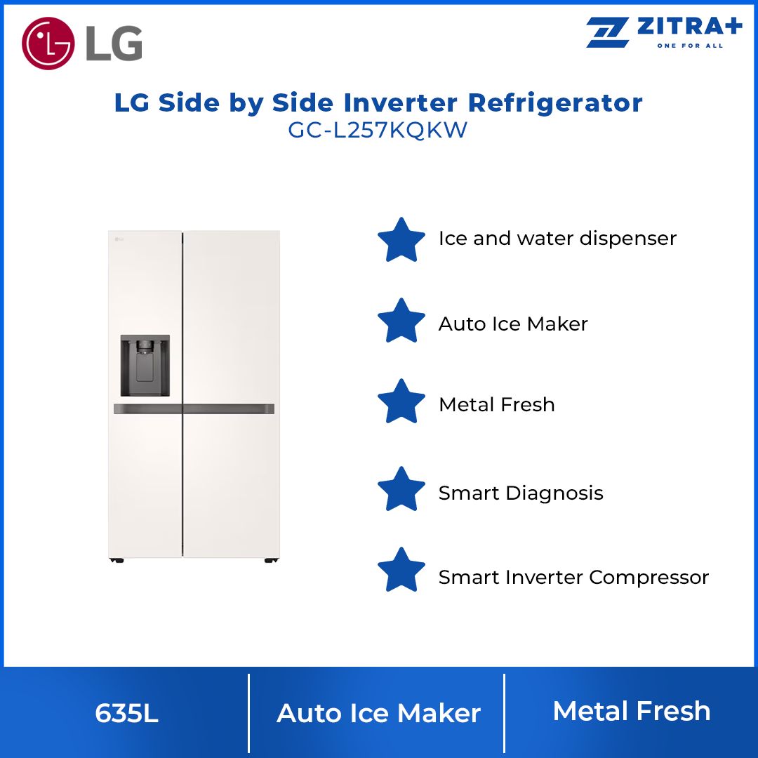 LG 635L Side by Side Inverter Refrigerator Beige GC-L257KQKW | Ice and water dispenser | Auto Ice Maker | Metal Fresh
