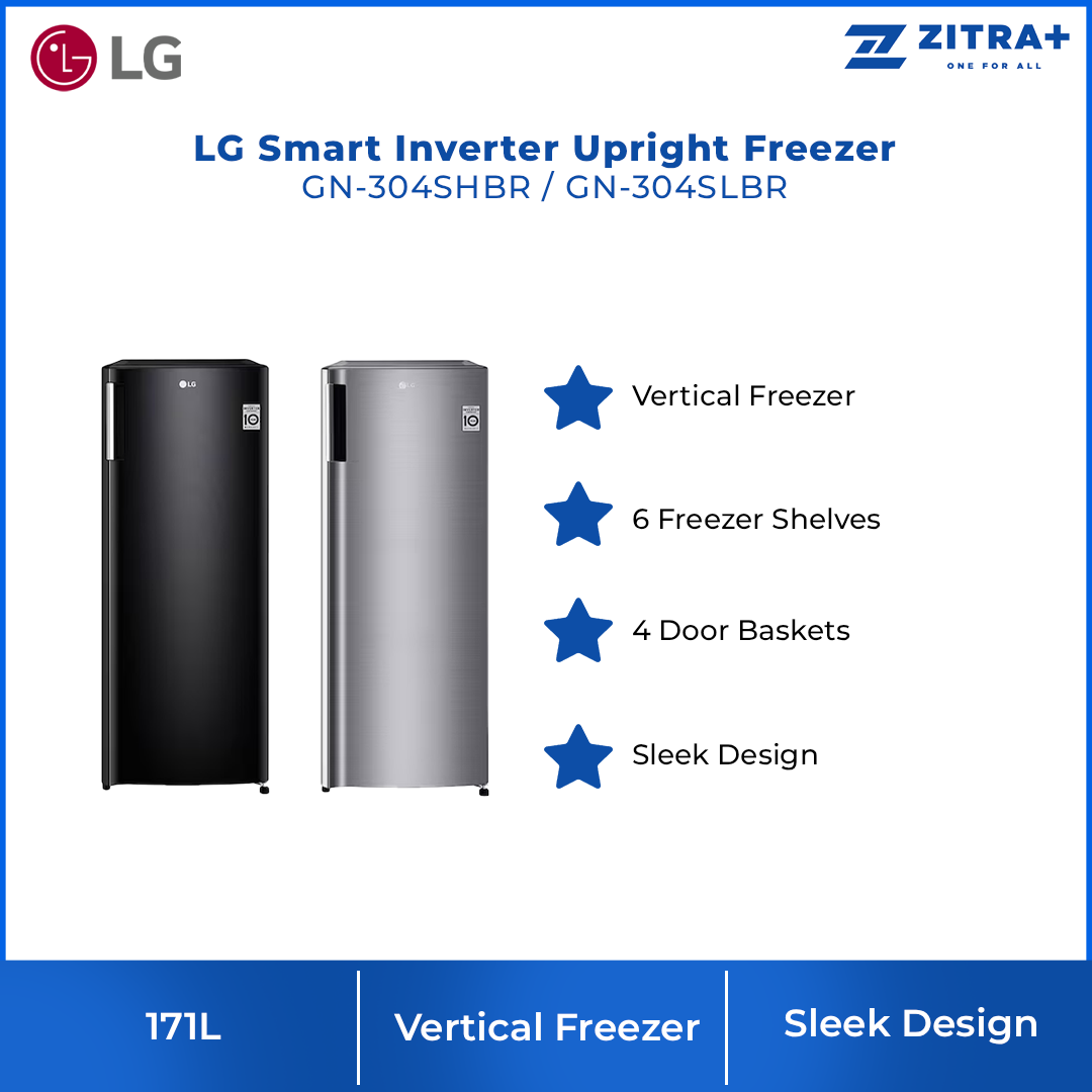 LG 171L Smart Inverter Upright Freezer GN-304SHBR / GN-304SLBR | Vertical Freezer | 6 Freezer Shelves | 4 Door Baskets | Sleek Design
