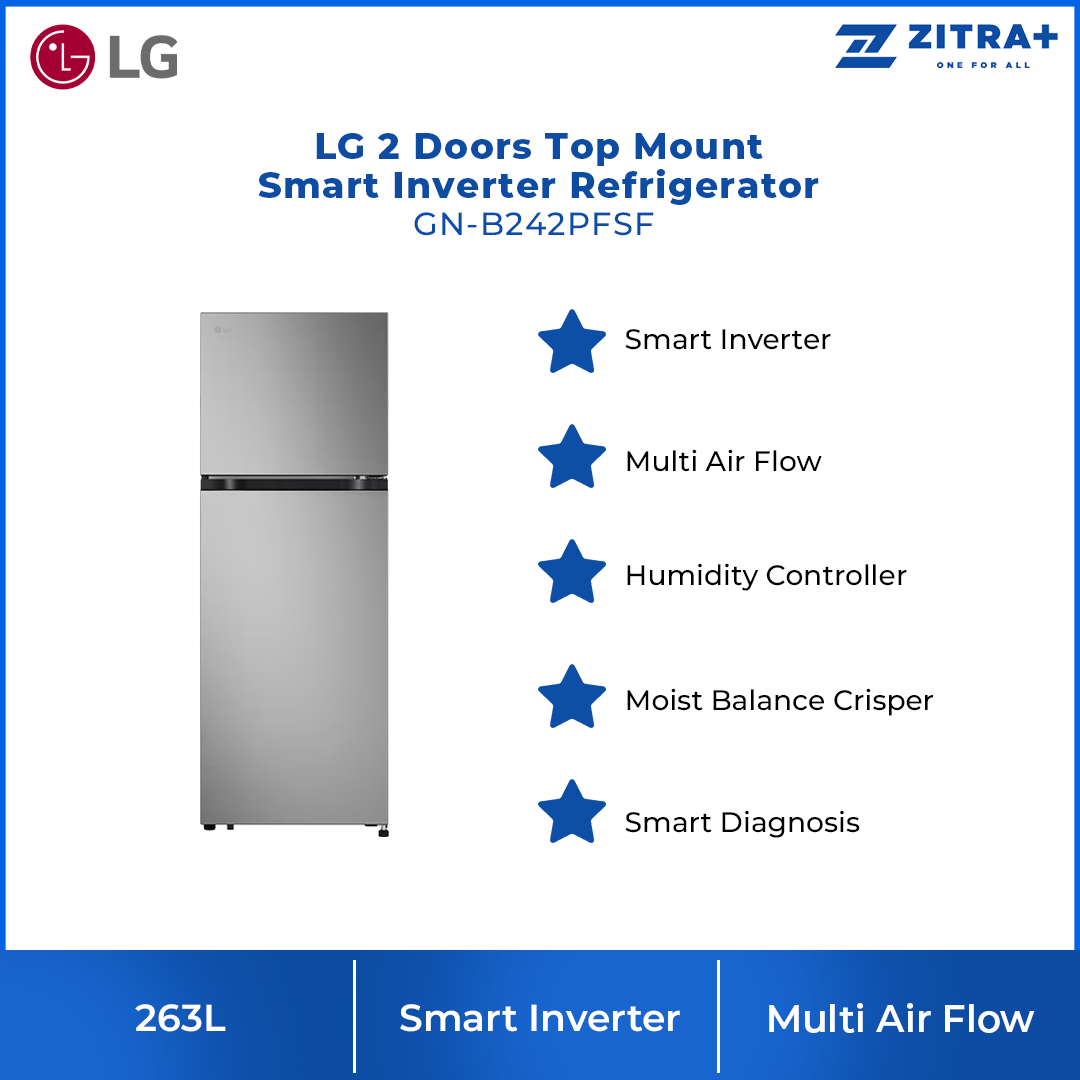 LG 263L 2 Doors Top Mount Smart Inverter Refrigerator GV-B242PLGB | Humidity Controller | Moist Balance Crisper | Smart Diagnosis | Refrigerator with 1 Year Warranty