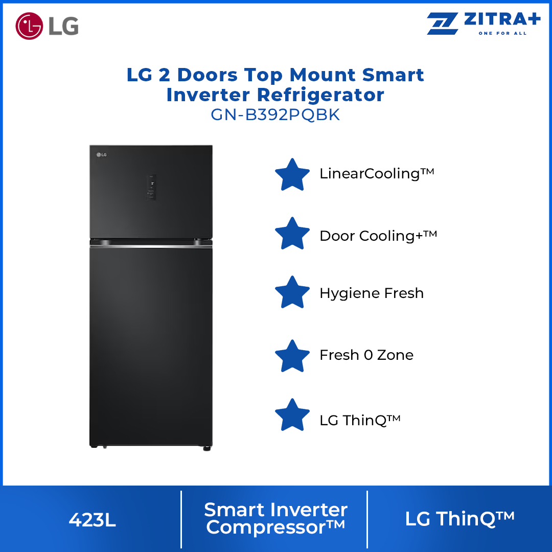 LG 423L 2 Doors Top Mount Smart Inverter Refrigerator GN-B392PQBK | LinearCooling™ | Door Cooling+™ | Hygiene Fresh