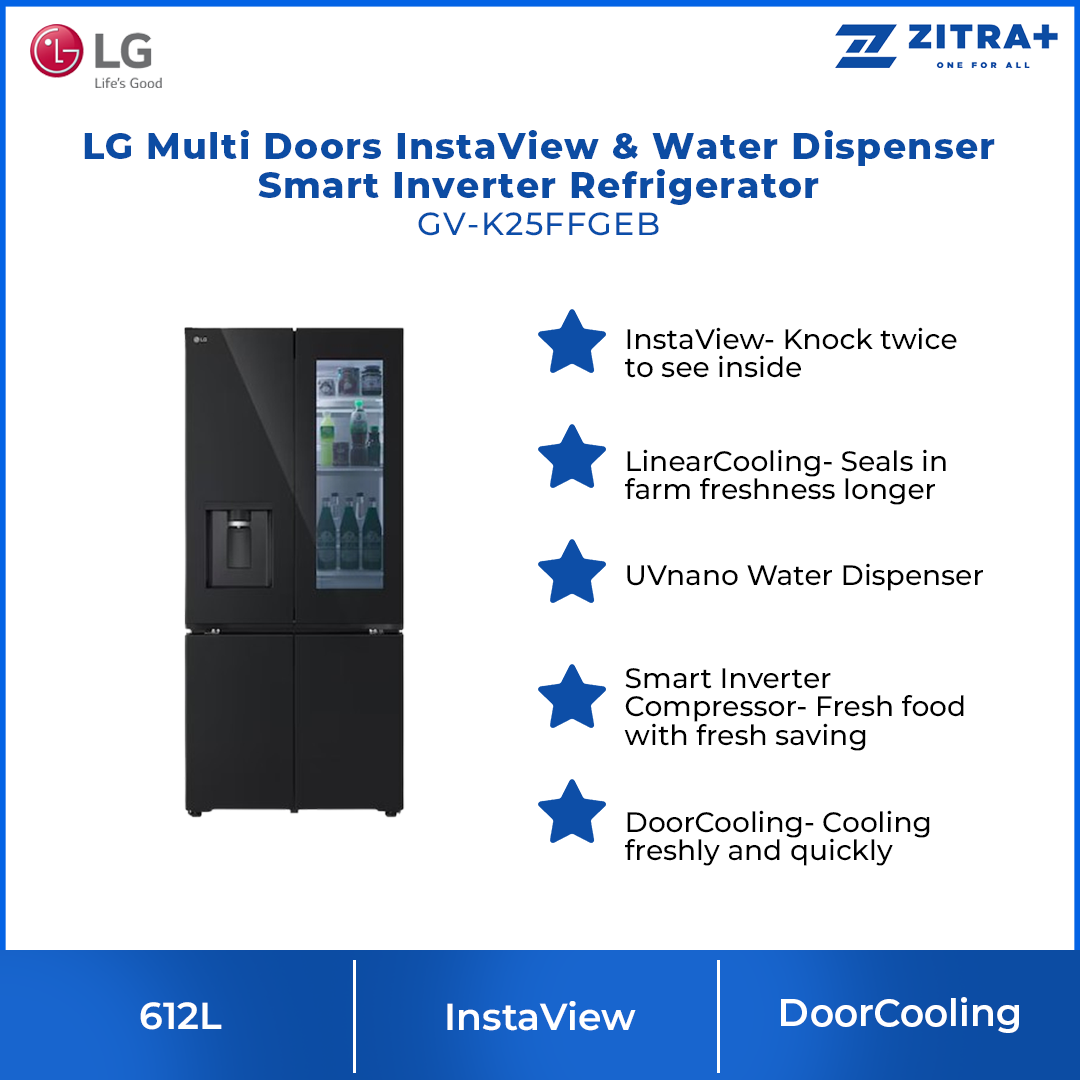 LG 612L Multi Doors InstaView & Water Dispenser Smart Inverter Refrigerator GV-K25FFGEB | Smart Inverter Compressor | DoorCooling