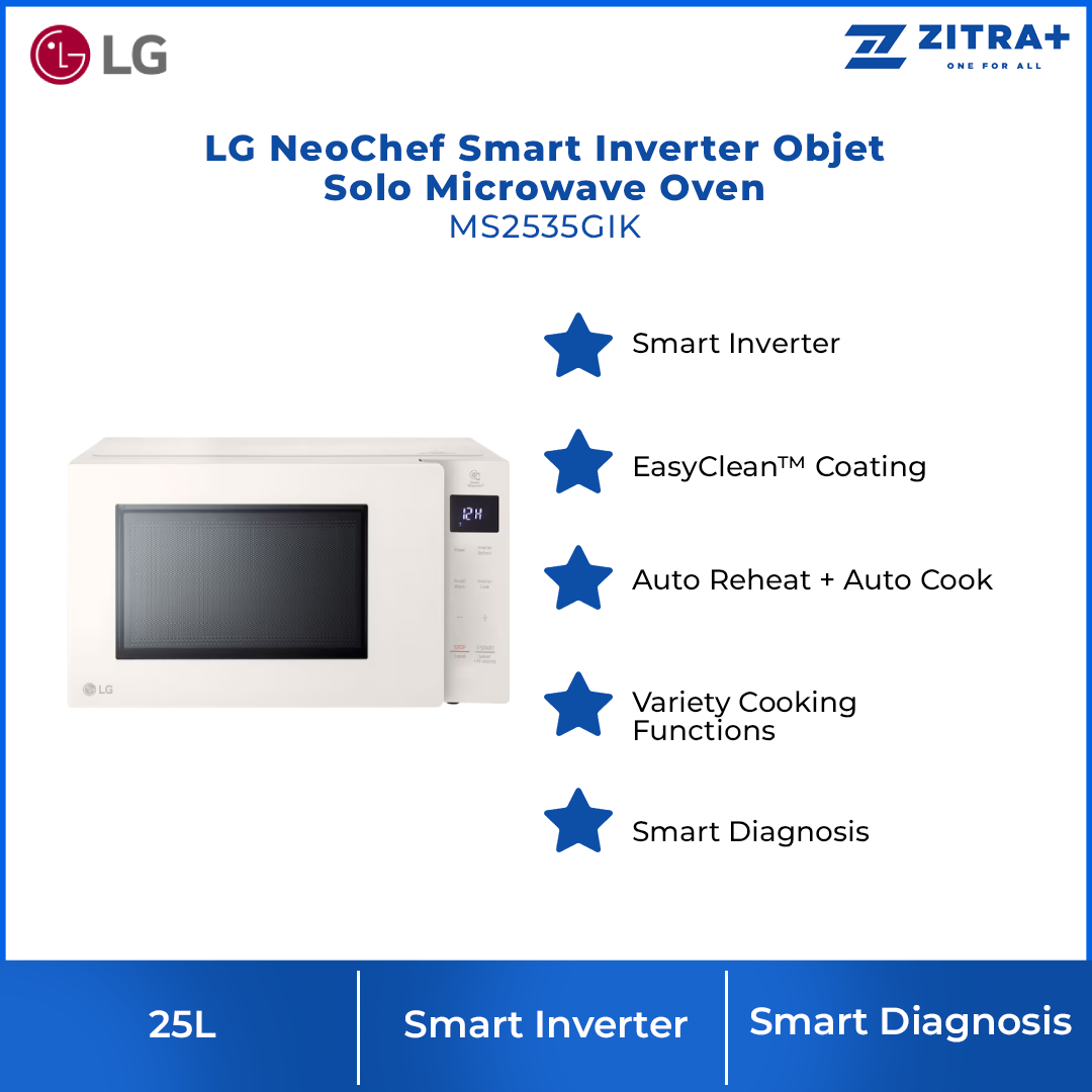 LG 25L NeoChef Smart Inverter Objet Solo Microwave Oven MS2535GIK | Auto Reheat | EasyClean™ Coating | Keep Warm