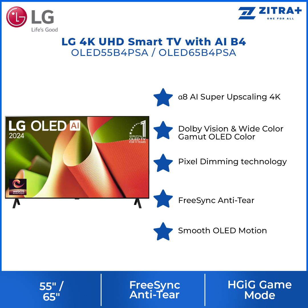 sold out       icon arrow left boldicon arrow right bold Share:  0 Product Information Section LG 55/65 inch 4K UHD Smart TV with AI B4 | α8 AI Super Upscaling 4K | FreeSync Anti-Tear | HGiG Game Mode