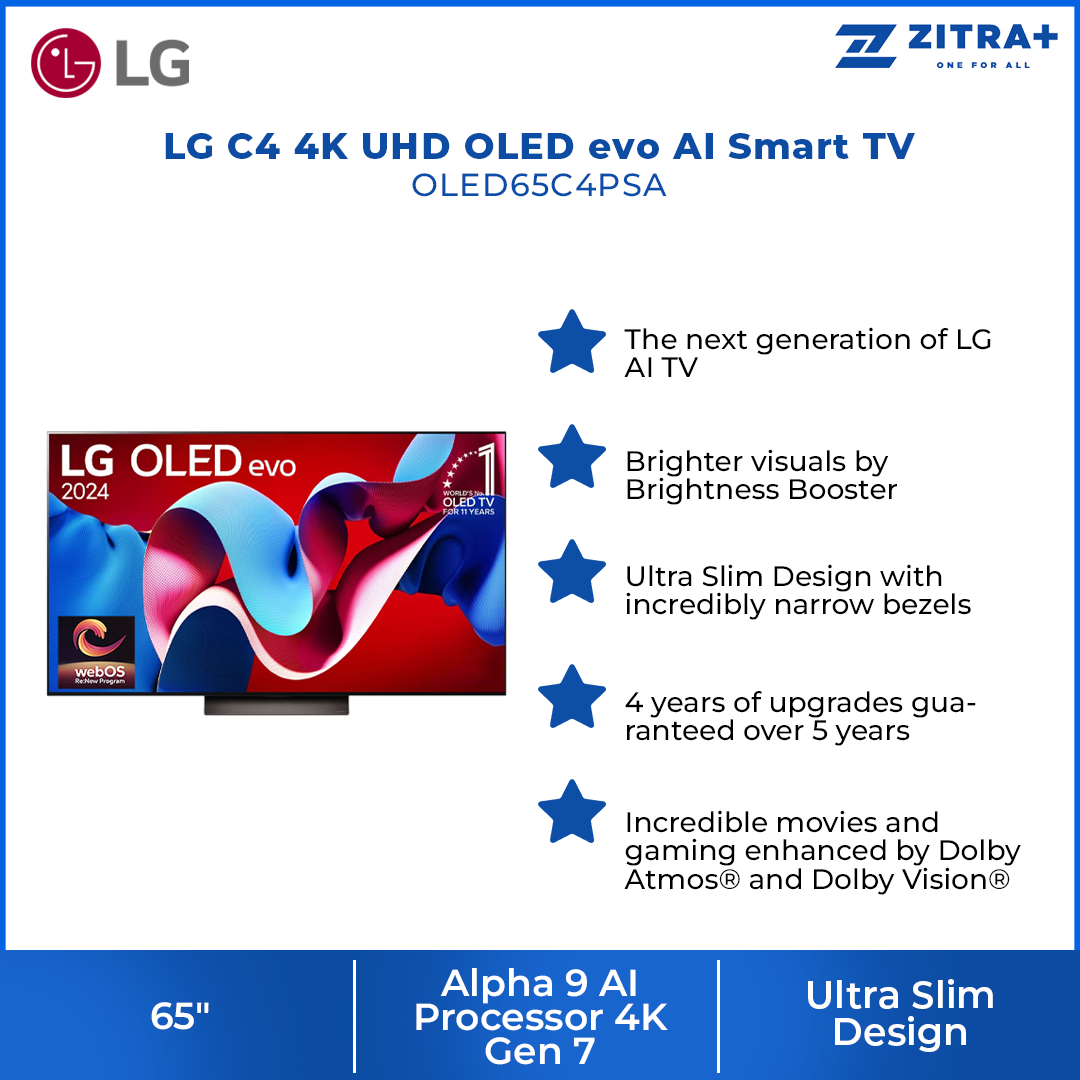 LG 65" C4 4K UHD OLED evo AI Smart TV OLED65C4PSA | Ultra Slim | webOS Re:New Program | olby Atmos® and Dolby Vision®