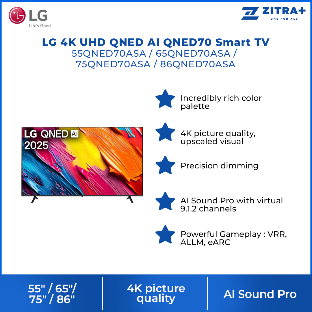 LG 55" / 65"/ 75" / 86" 4K UHD QNED AI QNED70 Smart TV |