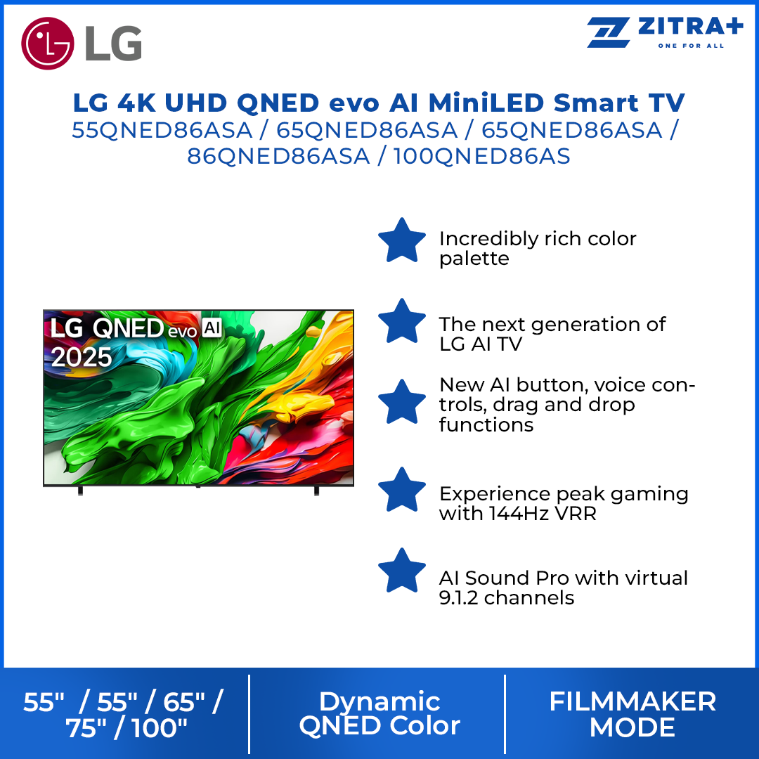 LG 55"/65"/75"/86"/100" 4K UHD QNED evo AI MiniLED Smart TV QNED86AS | Alpha 8 AI Processor Gen2 | Dynamic QNED Colour | Dolby Vision / HDR10 / HLG
