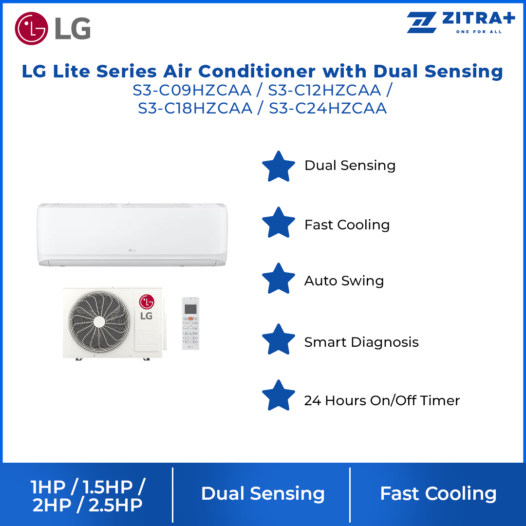 LG 1HP/1.5HP/2HP/2.5HP R32 Lite Series with Dual Sensing and Fast Cooling Function Air Conditioner S3-C09HZCAA/S3-C12HZCAA/S3-C18HZCAA/S3-C24HZCAA | Dual Sensing | Fast Cooling | Auto Swing | Air Conditioner with 1 Year Warranty