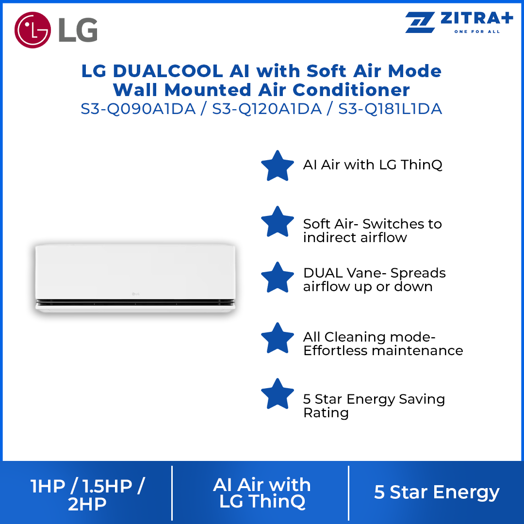 LG 1HP/1.5HP/2HP DUALCOOL AI with Soft Air Mode Wall Mounted Air Conditioner |5 Star Energy Saving Rating | All Cleaning mode