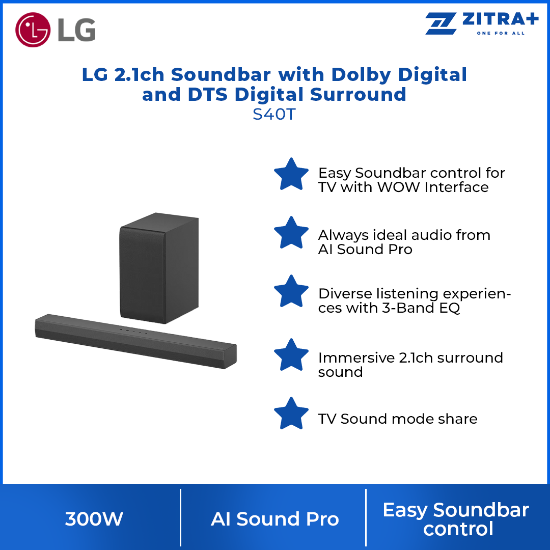 LG 300W 2.1ch Soundbar with Dolby Digital and DTS Digital Surround S40T | 2 channels this Dolby®¹ & DTS² | LG’s new crest design