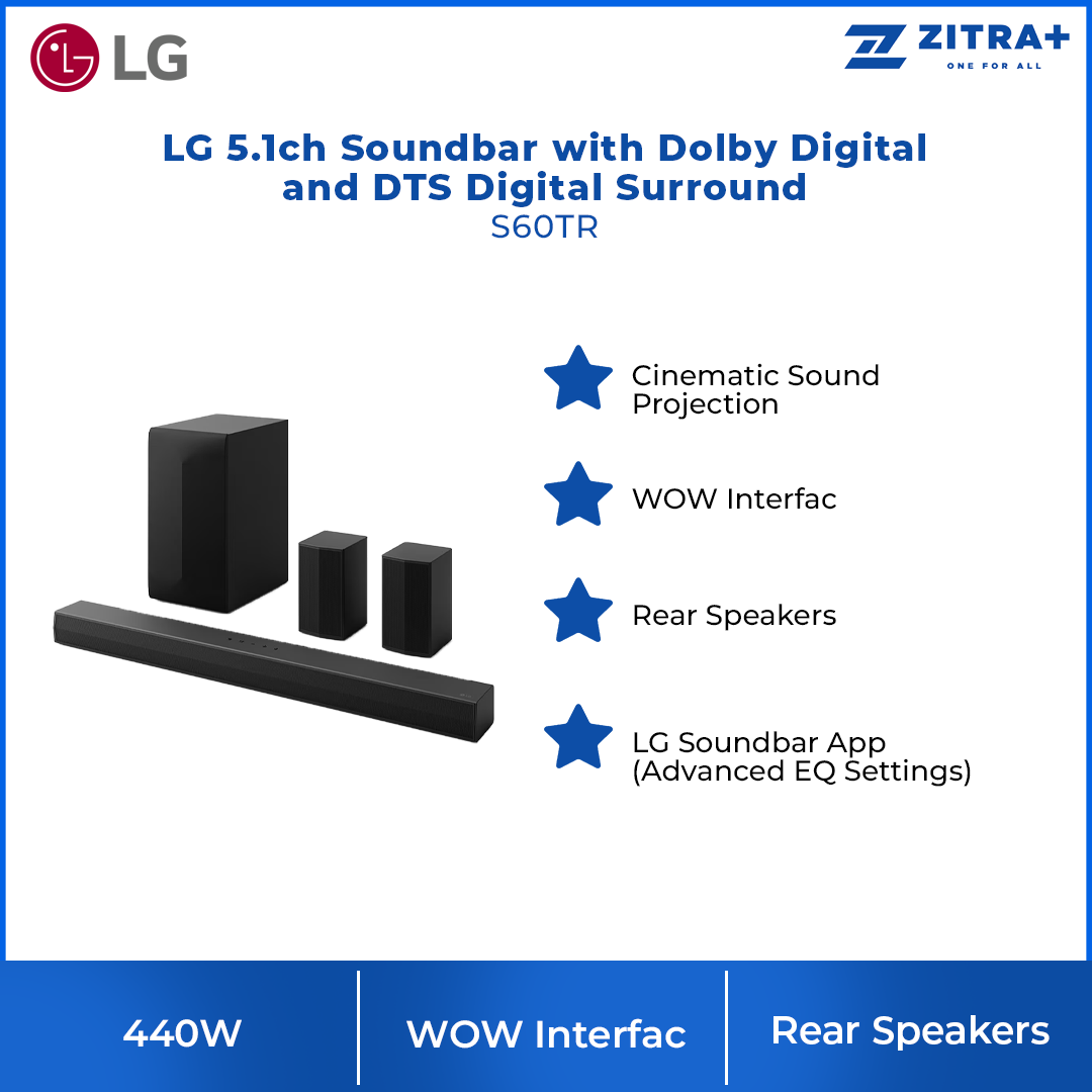 LG 440W 5.1ch Soundbar with Dolby Digital and DTS Digital Surround S60TR | Cinematic Sound Projection | WOW Interfac