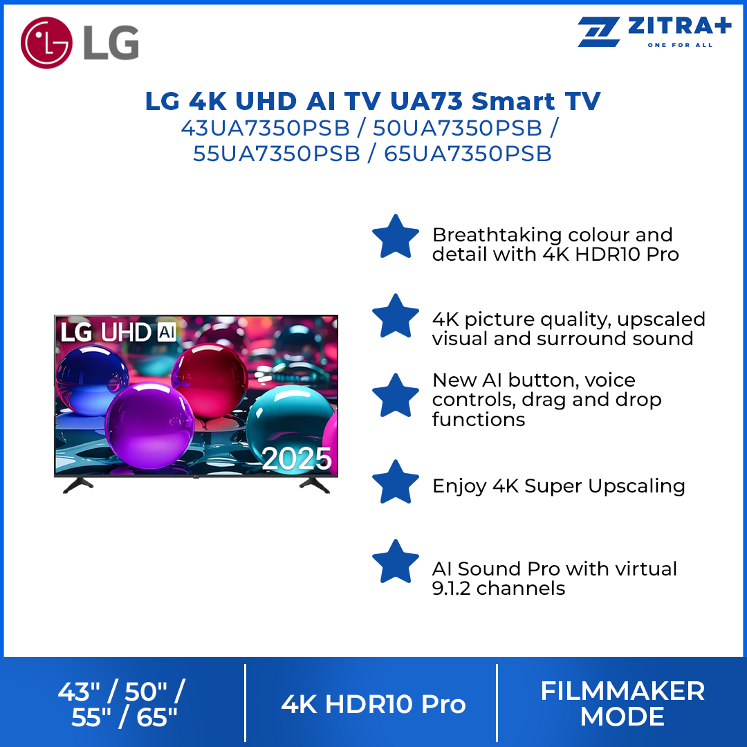 LG 43"/ 50"/ 55"/65" 4K UHD AI TV UA73 Smart TV 43UA7350PSB|50UA7350PSB|55UA7350PSB|65UA7350PSB | AI Magic Remote | AI Processor Gen8 |  HDR10 Pro