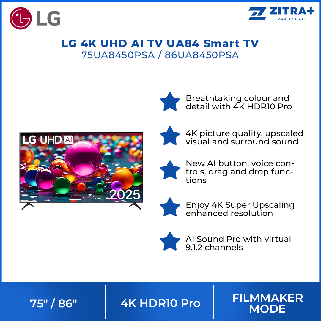 LG 75"/86" 4K UHD AI TV UA84 Smart TV 75UA8450PSA/ 86UA8450PSA | 4K HDR10 Pro | 7 4K AI Processor Gen8 | AI Sound Pro | FILMMAKER MODE