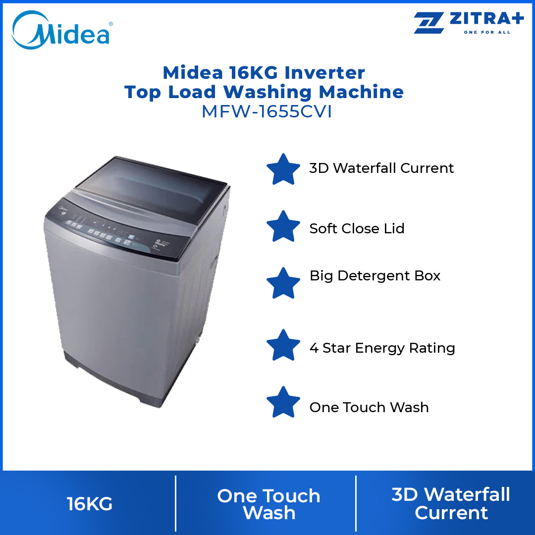 Midea 16KG Inverter Top Load Washing Machine MFW-1655CVI | 3D Waterfall Current | Soft Close Lid | One Touch Wash | Big Detergent Box | Washing Machine with 2 Years Warranty
